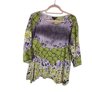 Citron purple chartreuse green abstract print tunic blouse